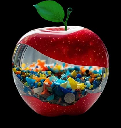 An apple shot through with fragments of plastic.