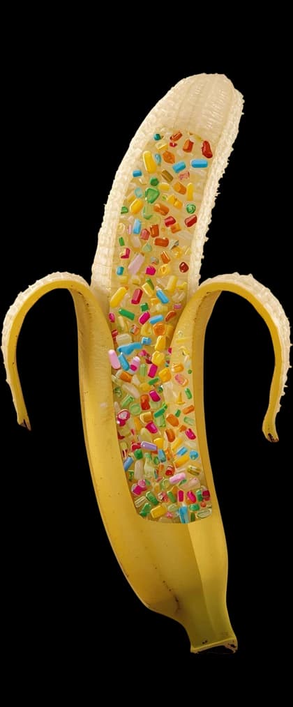 A banana shot through with fragments of plastic.