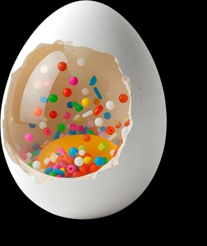 An egg shot through with fragments of plastic.