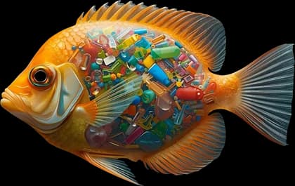 A fish shot through with fragments of plastic.