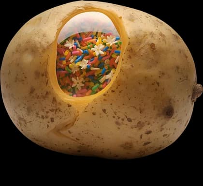 A potato shot through with fragments of plastic.