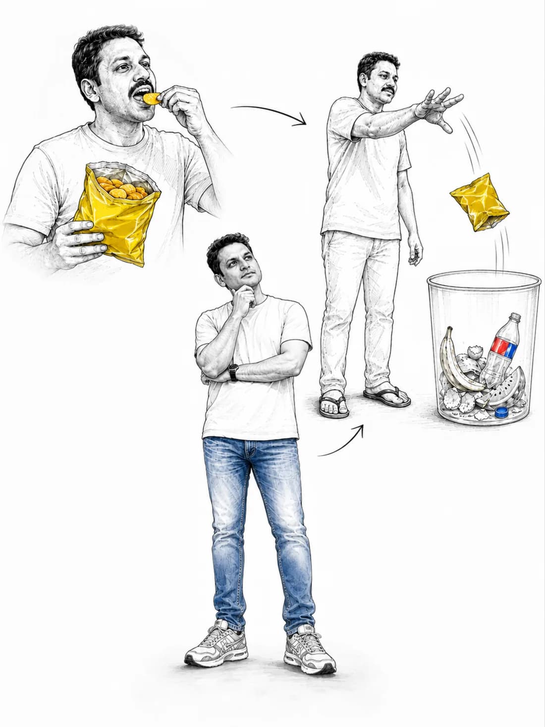 A man on a street beside a bin, holding a used plastic packet, deciding whether to throw it away.
