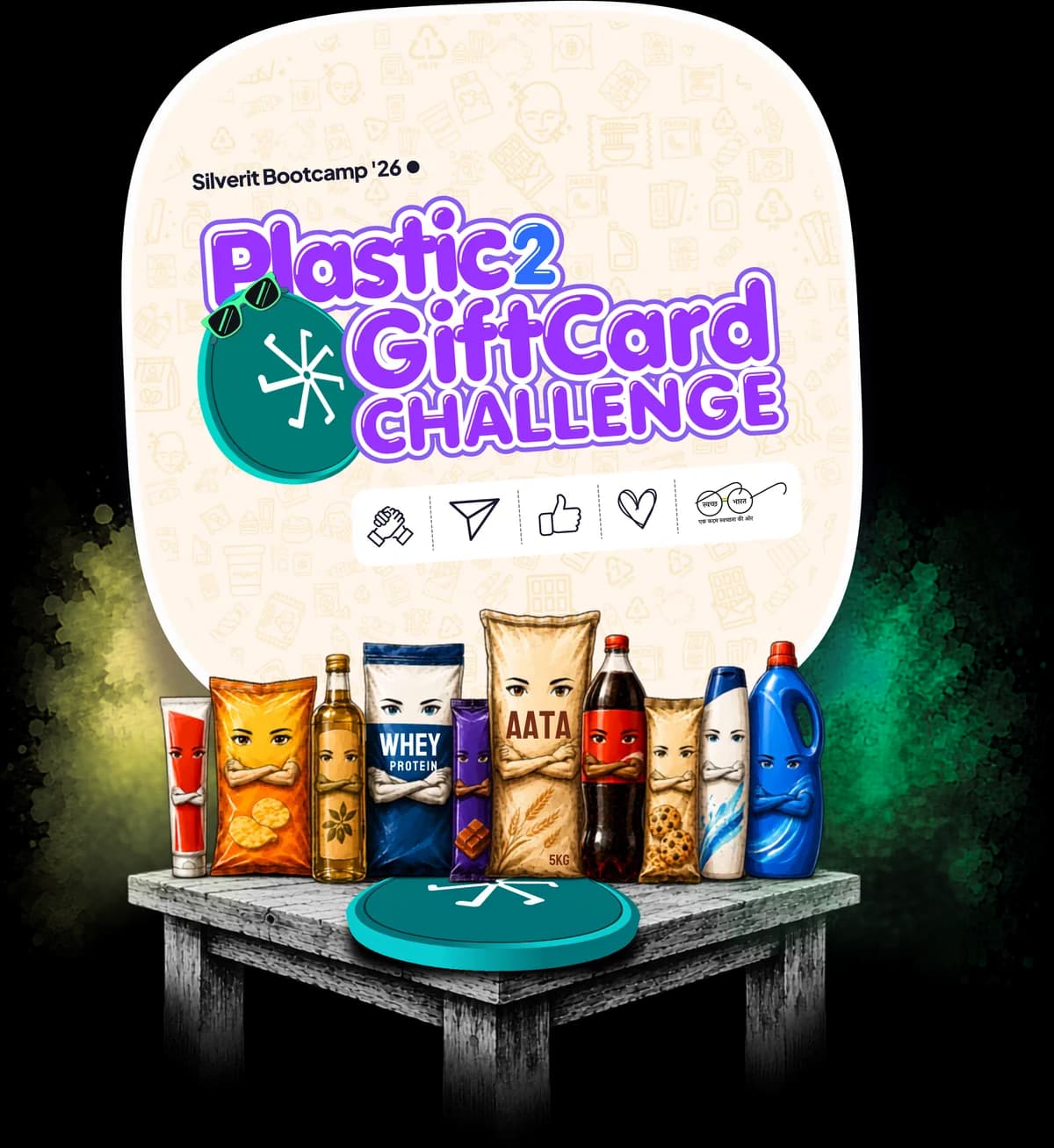 The Plastic2GiftCard Challenge badge above a table of branded household plastic packs on a Silverit coin.
