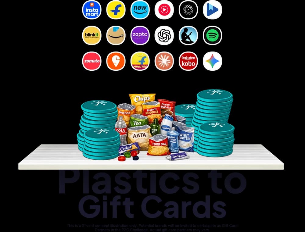Brands whose Gift Cards students can collect, above stacks of Silverit coins and branded plastic packs, captioned Plastics to Gift Cards.