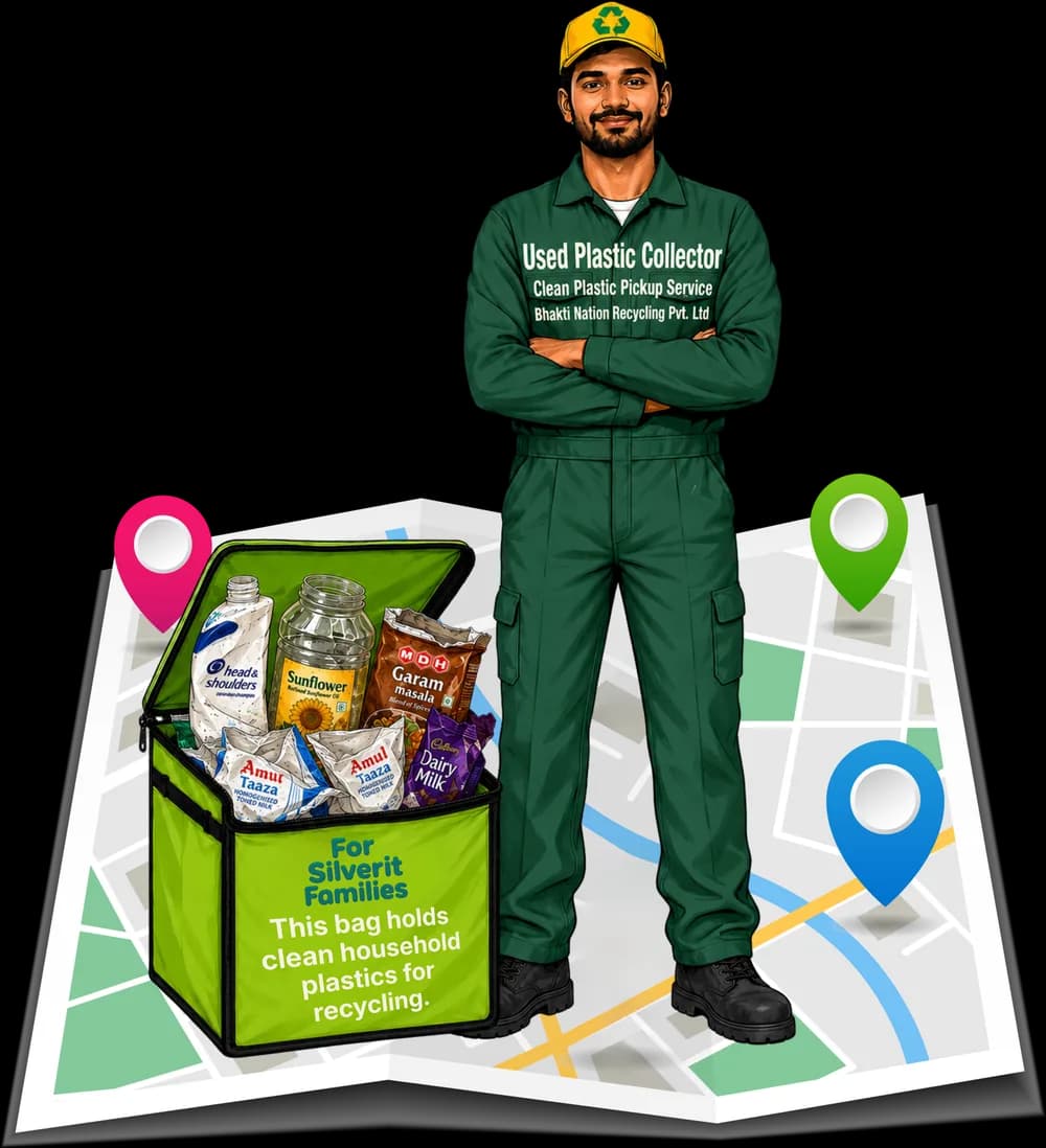 A uniformed used-plastic collector standing on a map with pickup pins, beside a green bag of clean household plastic.