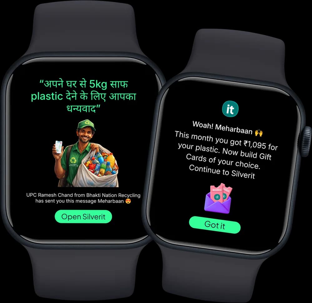 Two smartwatches showing Silverit notifications, one thanking a family for 5kg of clean plastic and one confirming Rs 1,095 earned.