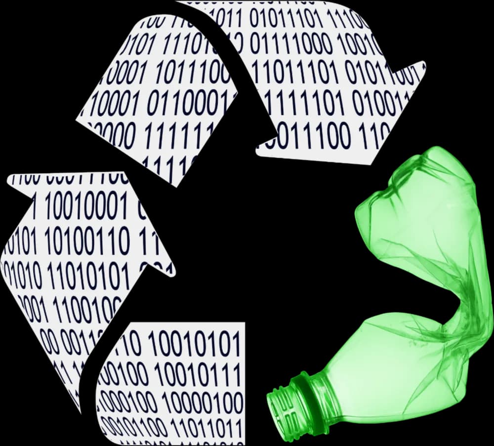A recycling symbol made of binary digits beside a crushed green plastic bottle.