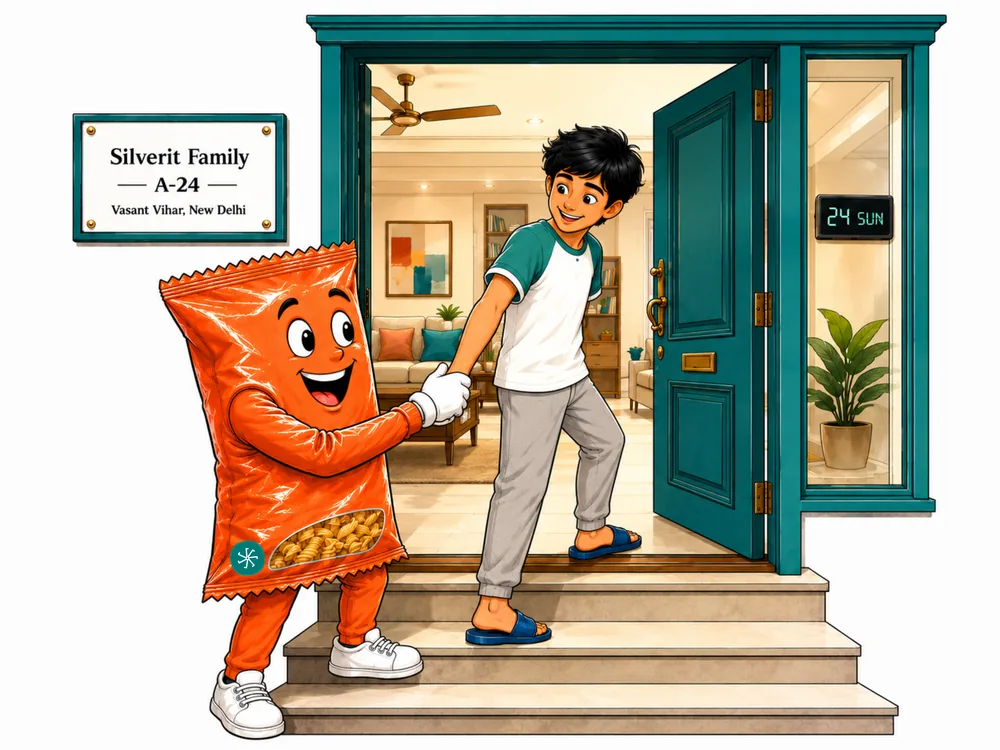 A friendly snack-pack character shaking hands with a student at the door of a Silverit family home.
