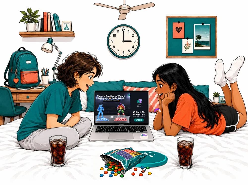 Two friends working together on a laptop with snacks around them.
