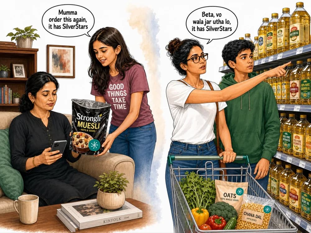 A student showing a parent a product on a phone at home, and choosing groceries together in a shop.