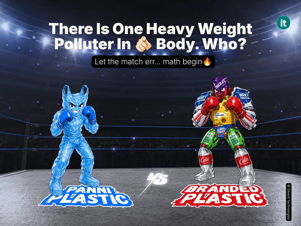 Lesson cover. There is one heavy weight polluter in your body. Who? Panni Plastic versus Branded Plastic, drawn as a boxing match.