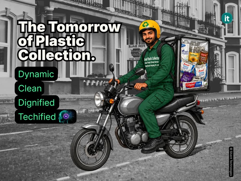 Lesson cover. The tomorrow of plastic collection, shown as dynamic, clean, dignified and techified.