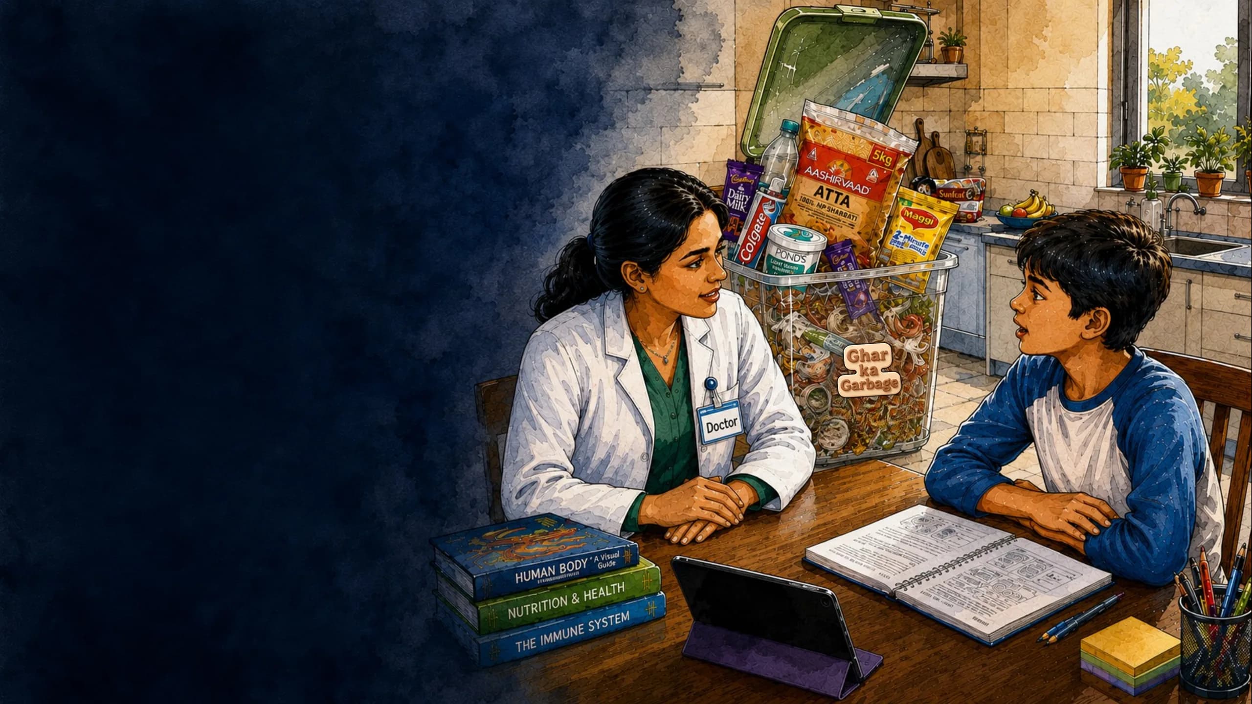 A doctor sitting with a boy at a kitchen table, beside a bin filled with branded plastic packets marked with a hazard symbol.