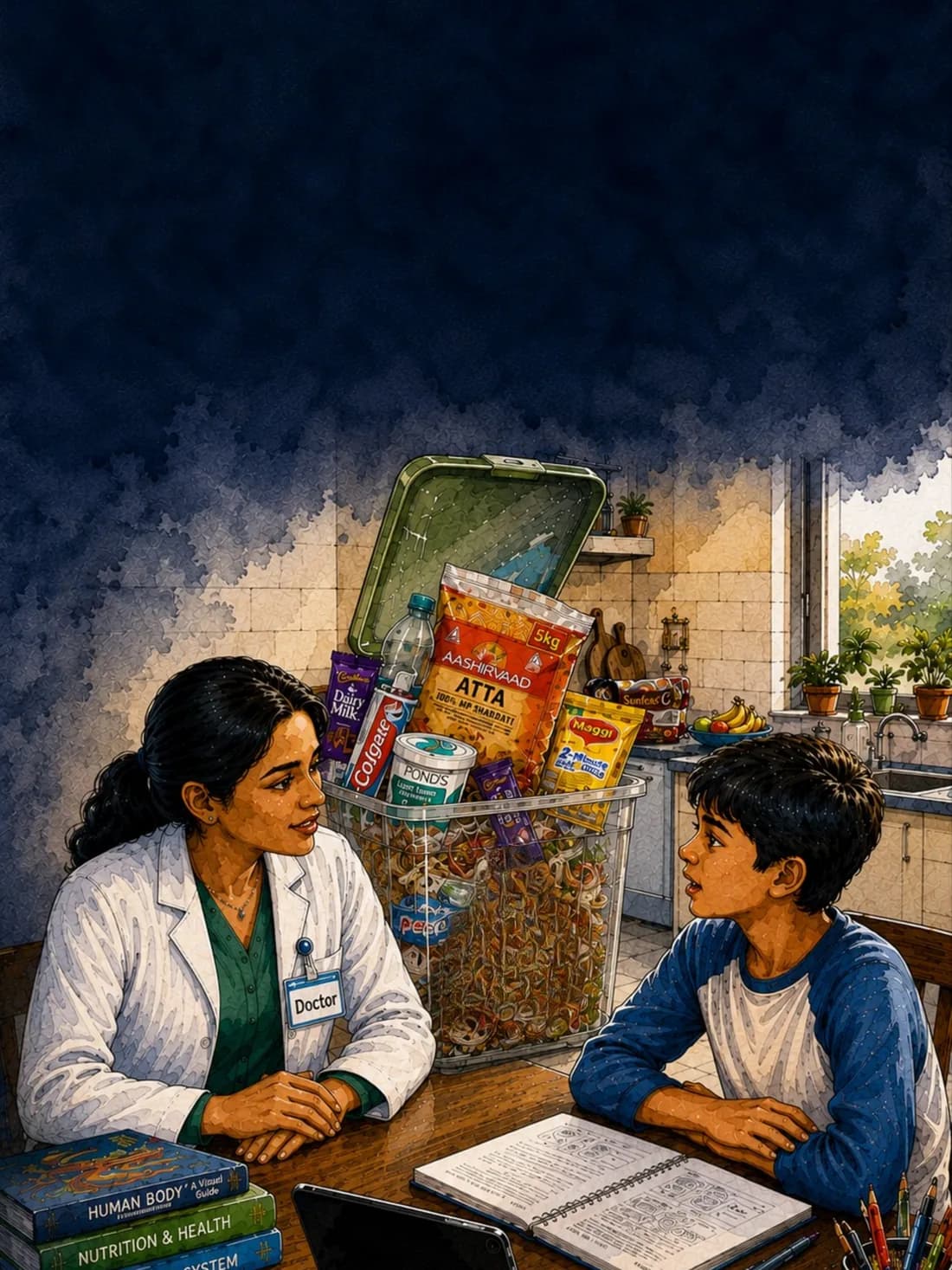 A doctor sitting with a boy at a kitchen table, beside a bin filled with branded plastic packets marked with a hazard symbol.