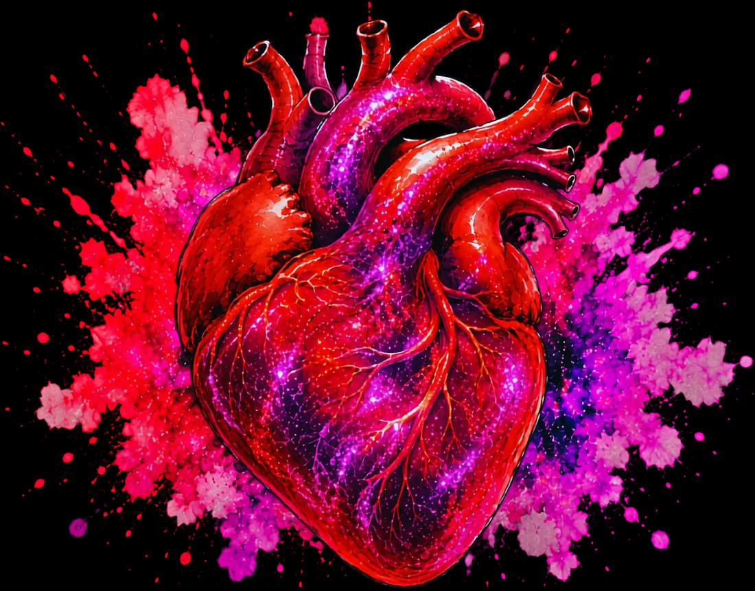 An illustration of a human heart shot through with fragments of coloured plastic.