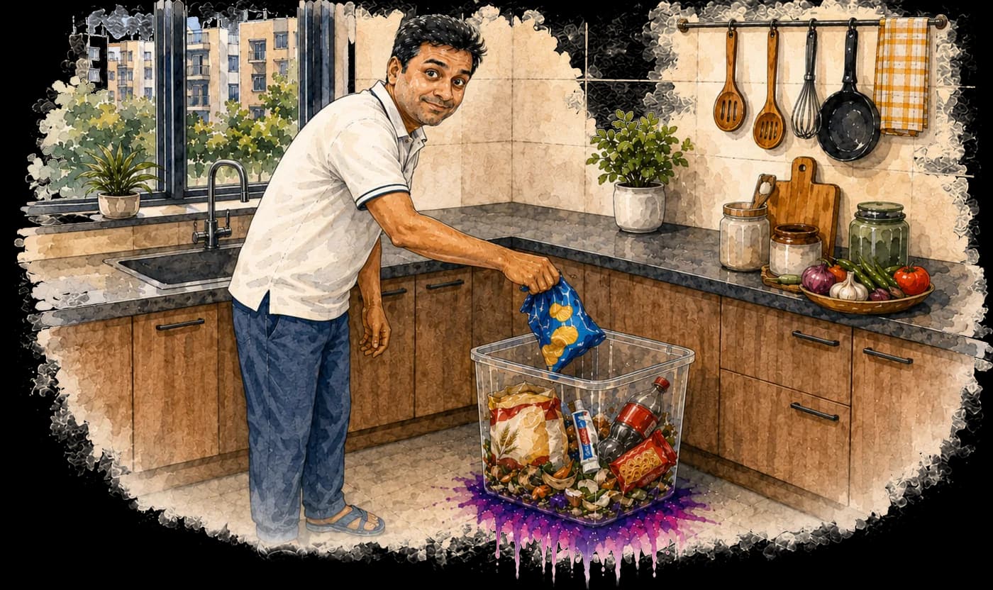 A man dropping a used snack packet into a kitchen bin, with a violet stain spreading from the bin into the floor.