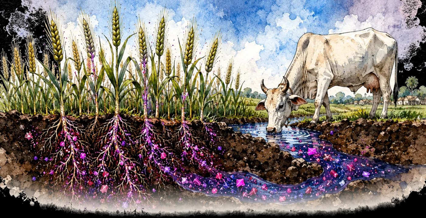 A cross section of farmland. Crops draw water from soil laced with glowing plastic fragments while a cow drinks from the same stream.
