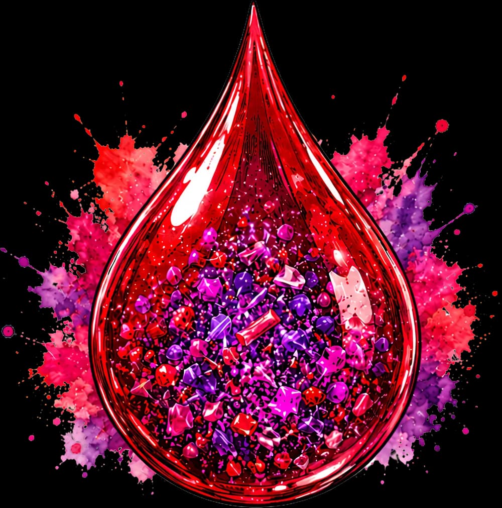 A drop of blood filled with fragments of coloured plastic.