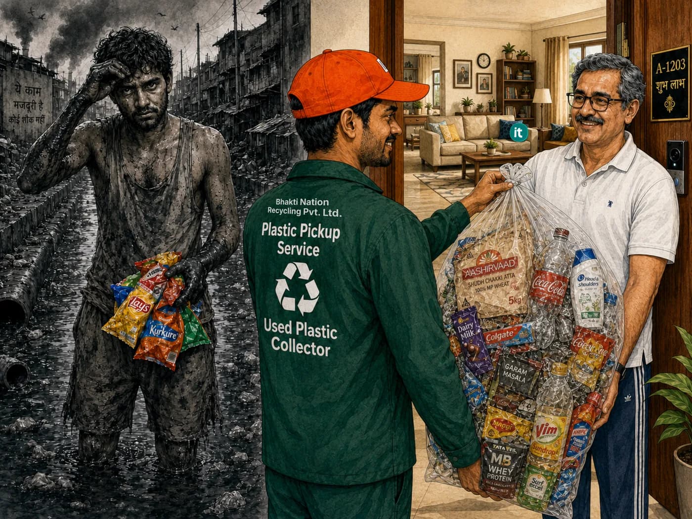 Split scene. On the left a scavenger stands in a polluted drain holding loose plastic packs. On the right a uniformed plastic pickup collector receives a clean bag of household plastic at a family's front door.
