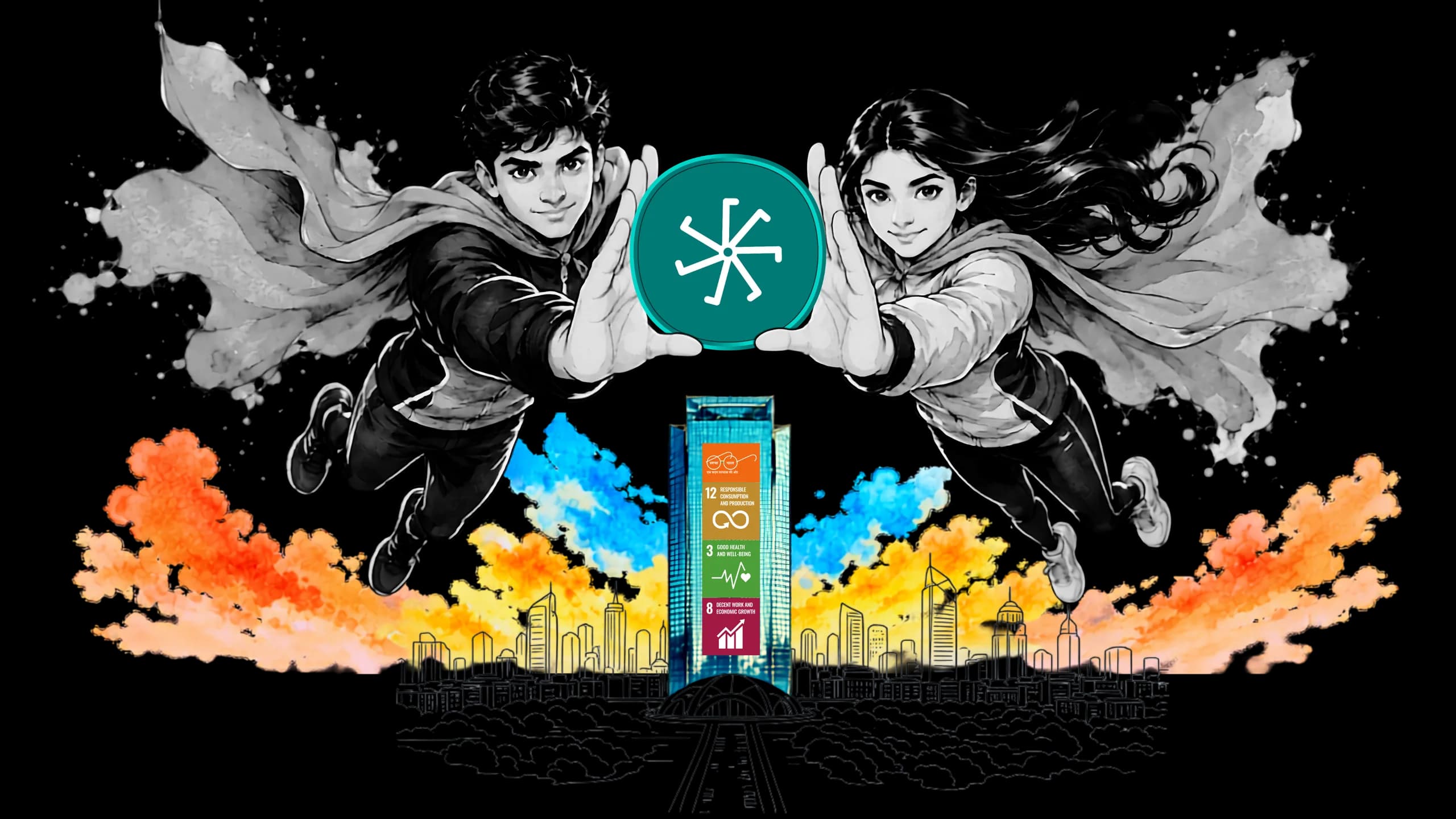 Two students in capes flying above an Indian city skyline, holding up the Silverit coin marked with the SilverStar.