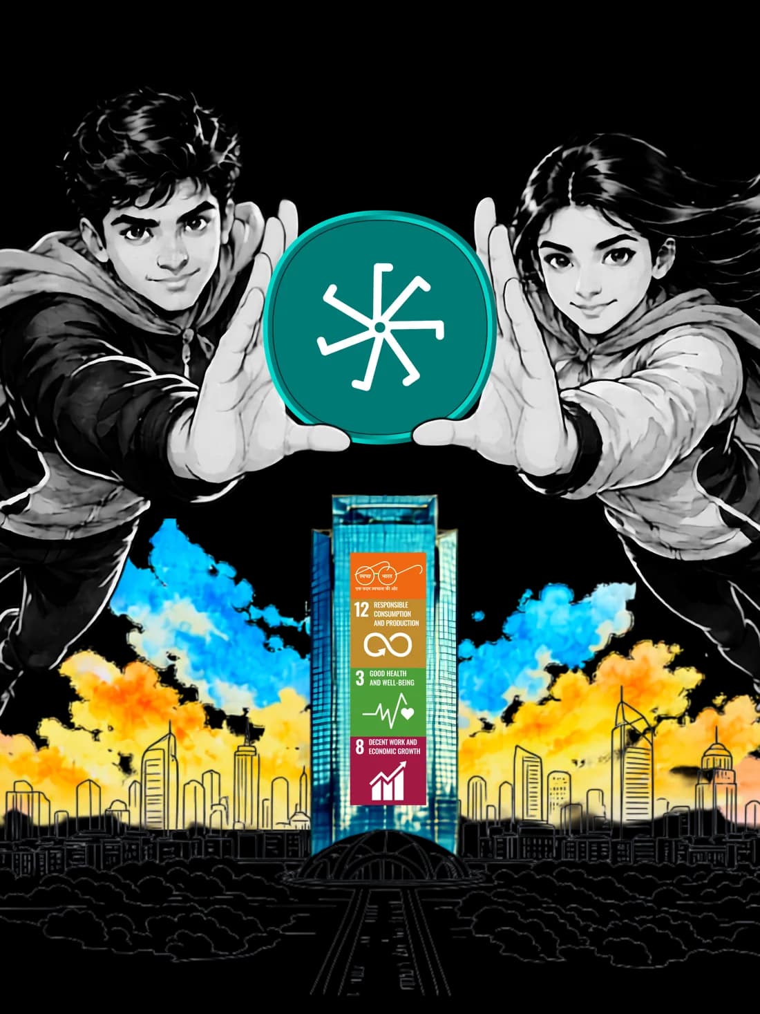 Two students in capes flying above an Indian city skyline, holding up the Silverit coin marked with the SilverStar.