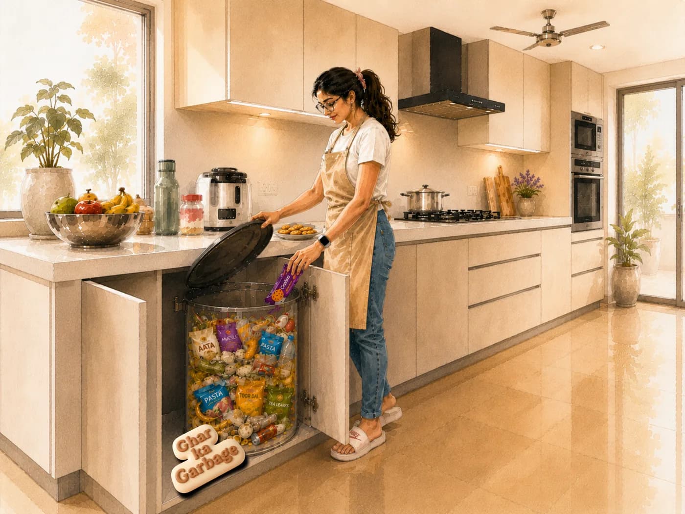 A woman in a modern Indian kitchen lifting the lid of a pull-out bin filled with branded plastic packets.