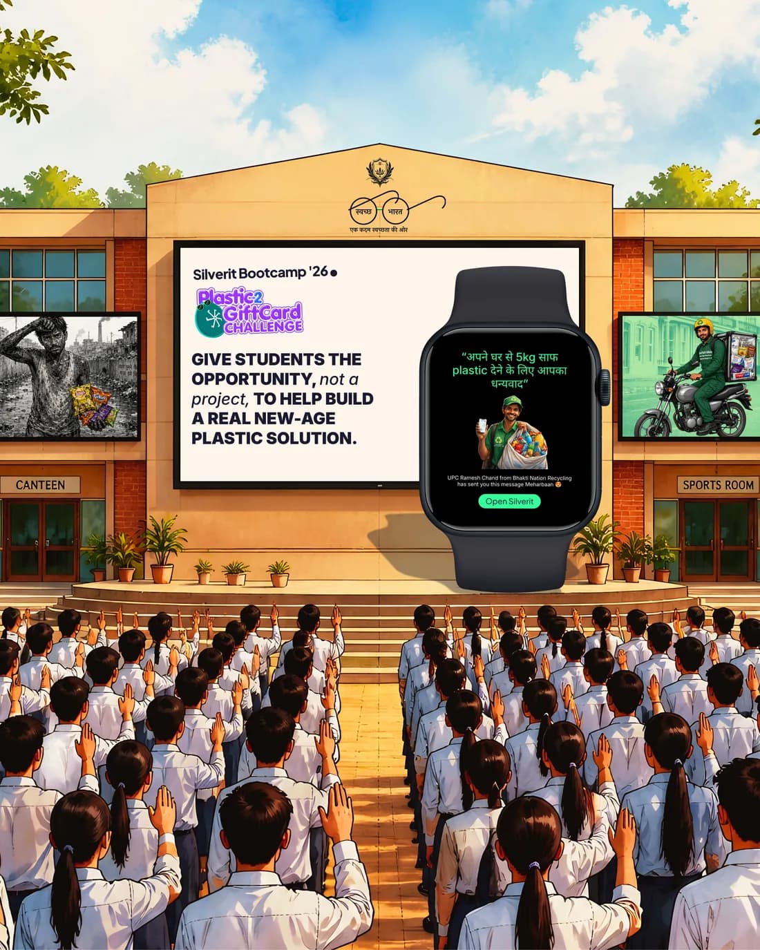 A school assembly of students taking part in the Silverit Plastic2GiftCard Challenge.