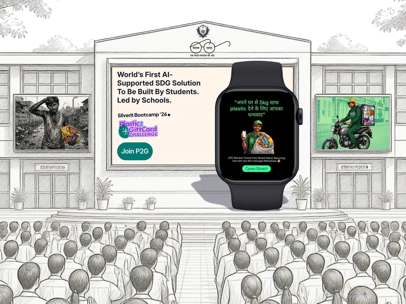 A school assembly of students taking part in the Silverit Plastic2GiftCard Challenge.