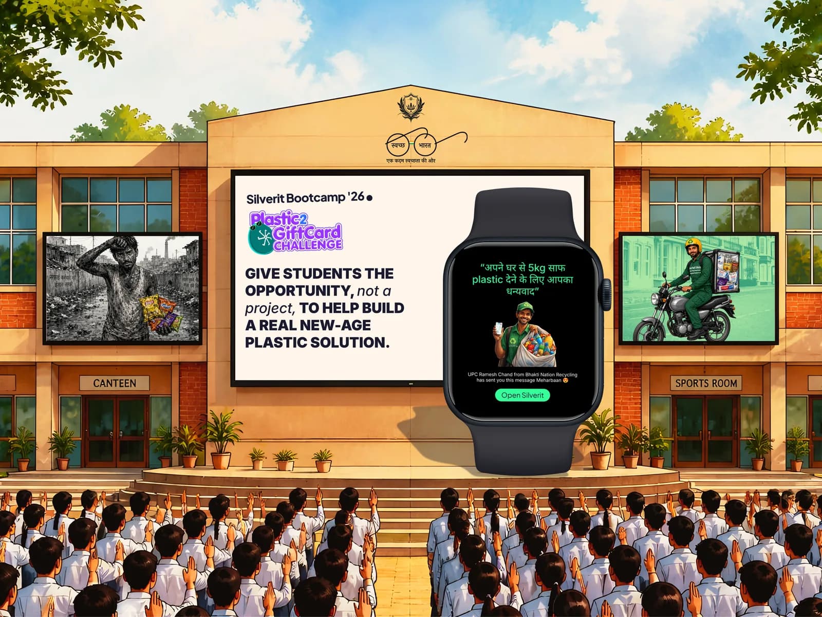 A school assembly of students taking part in the Silverit Plastic2GiftCard Challenge.
