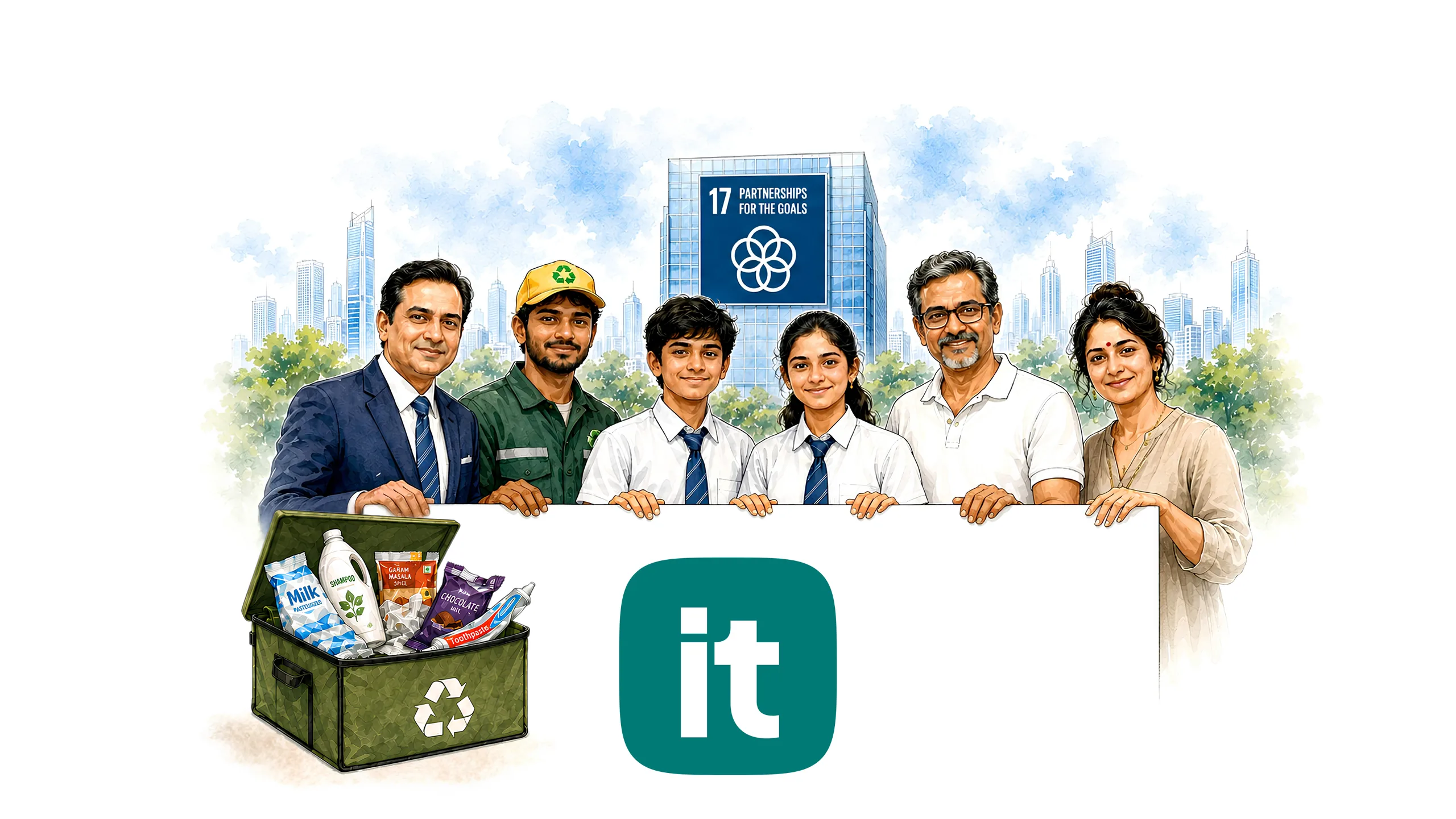 A school principal, a used plastic collector, a coach, two students and a young woman together holding up the Silverit mark, in front of a green city skyline and an SDG 17 Partnerships for the Goals banner.