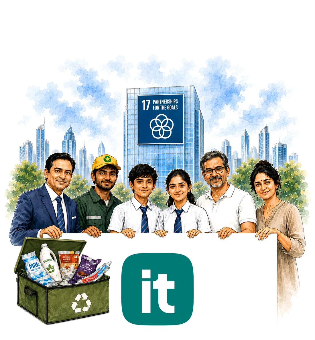A school principal, a used plastic collector, a coach, two students and a young woman together holding up the Silverit mark, in front of a green city skyline and an SDG 17 Partnerships for the Goals banner.