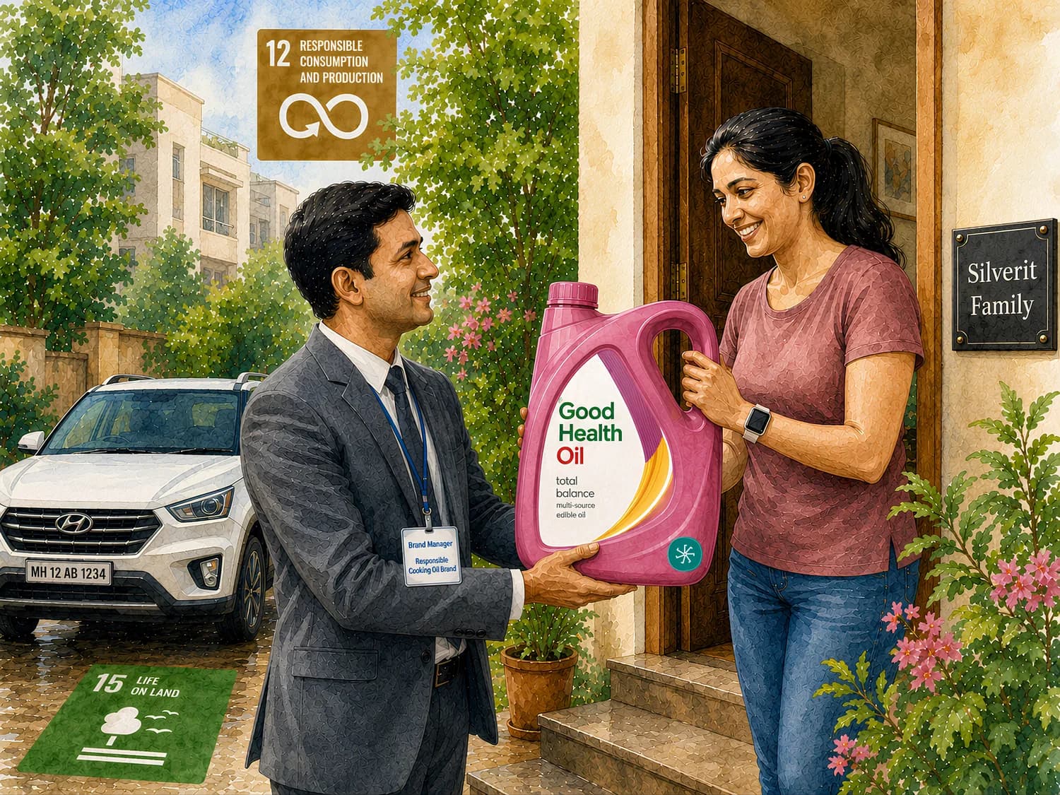 A brand manager handing a bottle of cooking oil to a woman at the door of the Silverit family home, beneath an SDG 12 Responsible Consumption and Production banner.