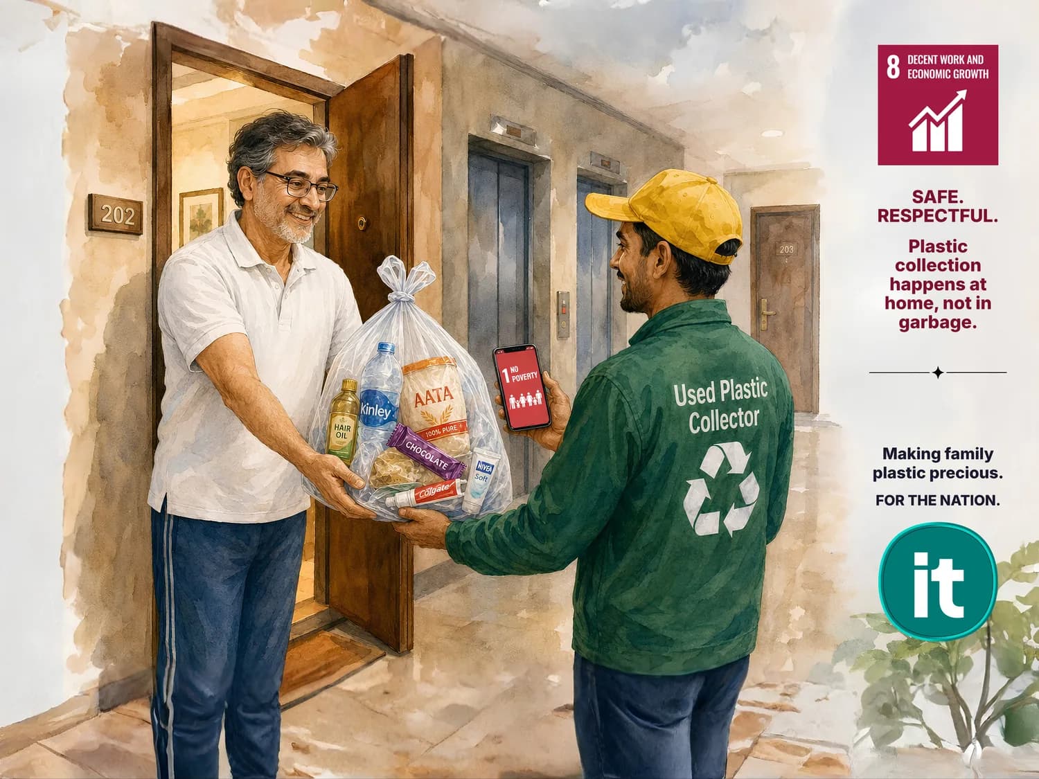 A used plastic collector receiving a clear bag of clean household plastic from a resident at his flat door, beside a notice reading safe, respectful, plastic collection happens at home, not in garbage.