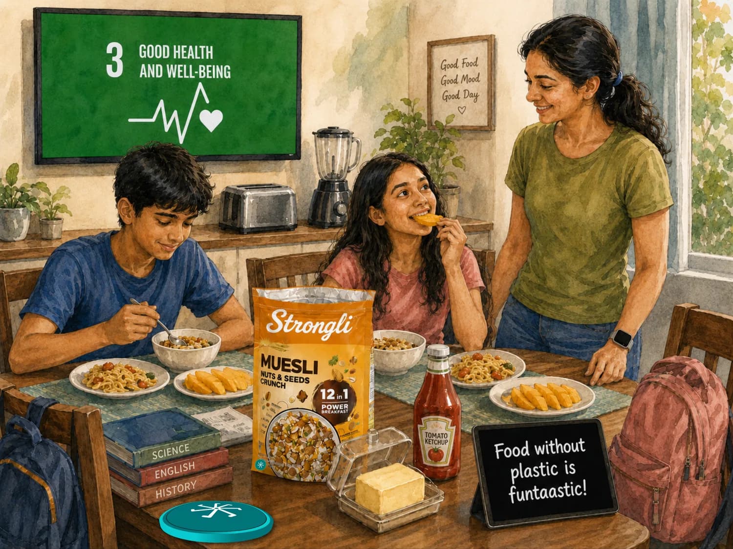A mother and two children at breakfast with muesli and fresh food, under an SDG 3 Good Health and Well-being board and a note reading food without plastic is funtaastic.