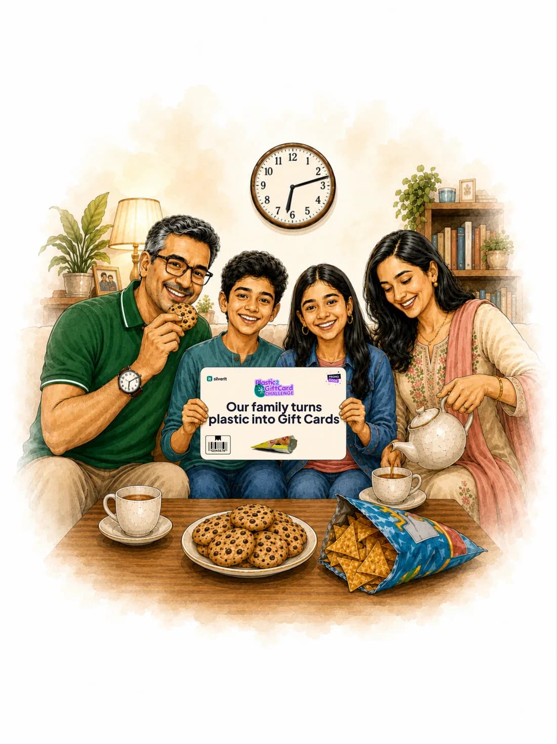 A family on the sofa over tea and cookies, holding a Plastic2GiftCard card reading Our family turns plastic into Gift Cards. The father is wearing the watch they bought with SilverStars.
