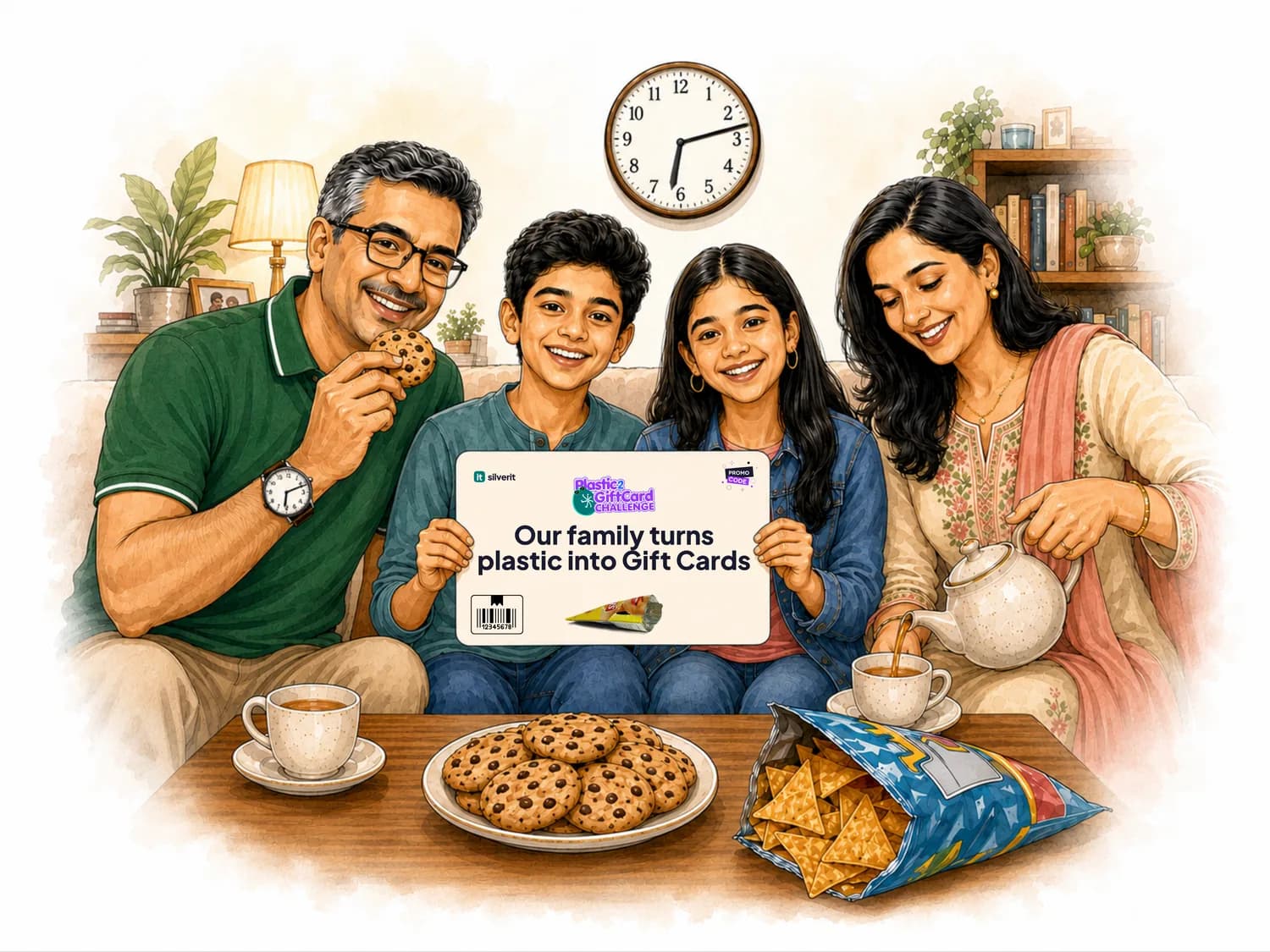 A family on the sofa over tea and cookies, holding a Plastic2GiftCard card reading Our family turns plastic into Gift Cards. The father is wearing the watch they bought with SilverStars.